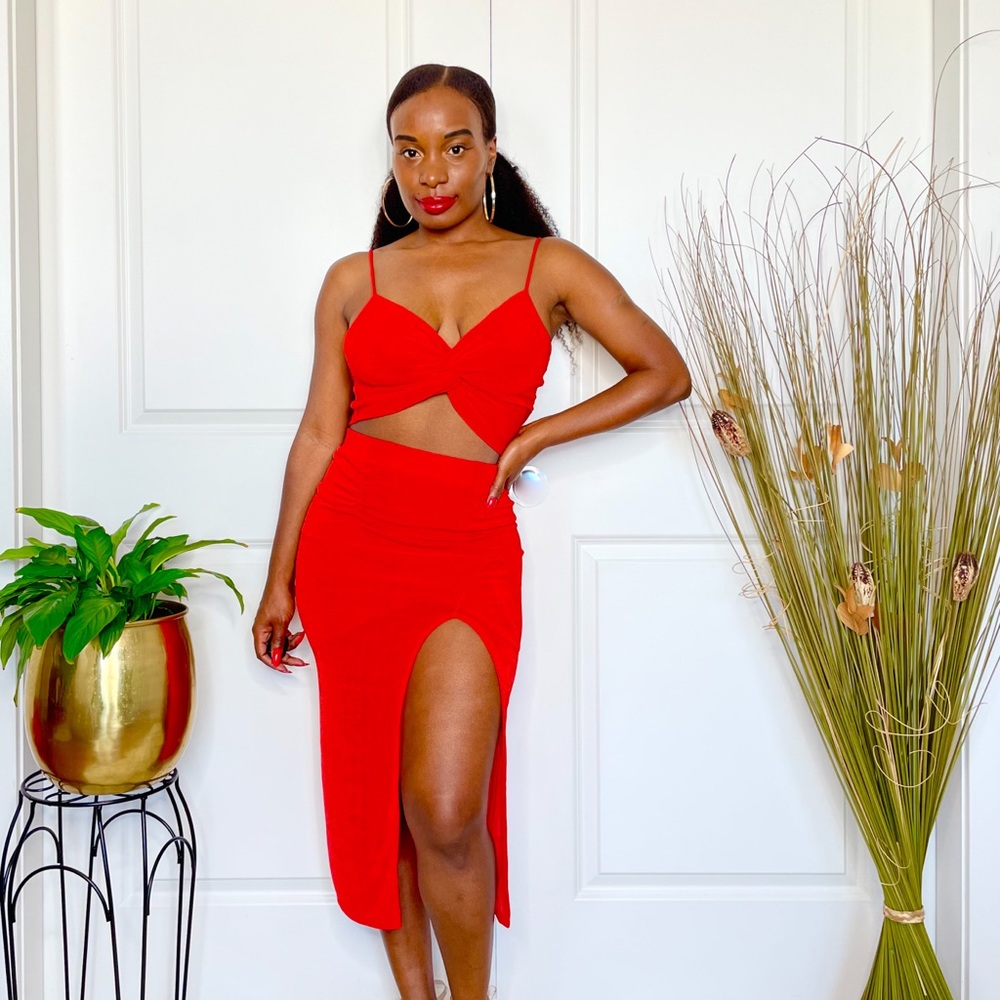 Red Two Piece Skirt Set